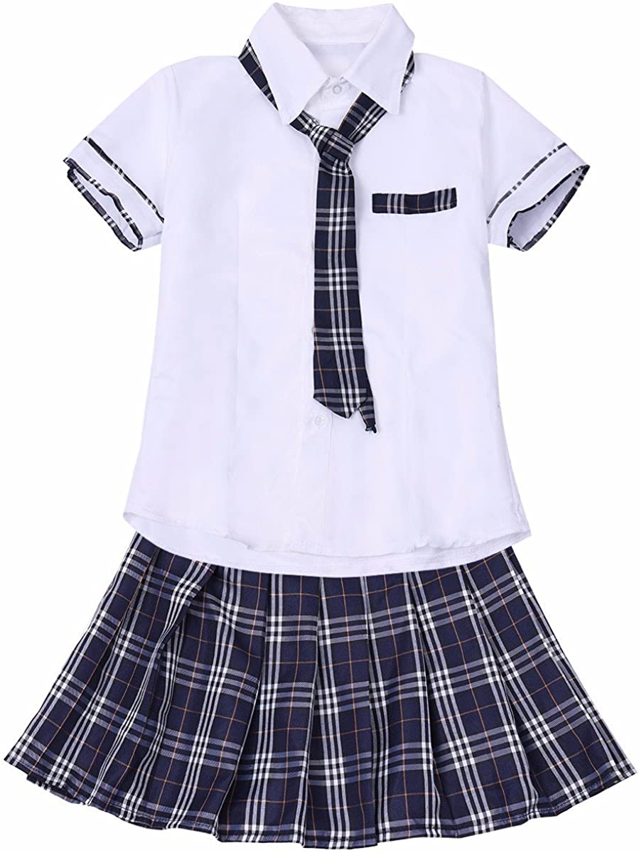 Feeshow Women School Girls Uniform Set Cosplay Costume Tie Top Shirt 