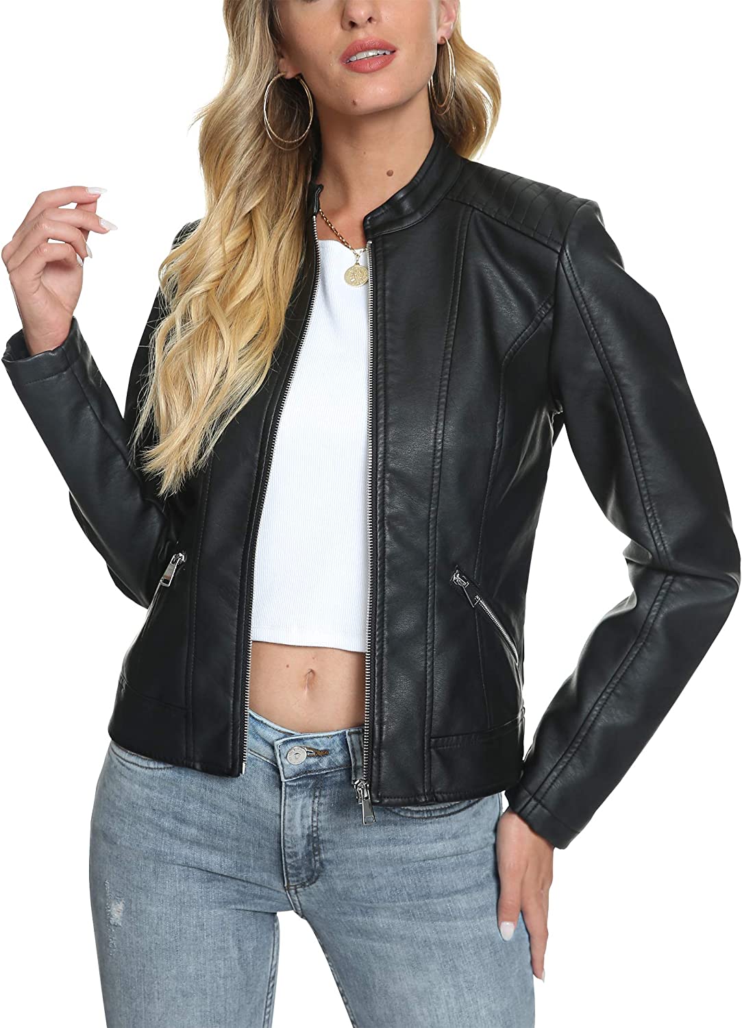 Fahsyee Women's Zip Up Faux Leather Jacket