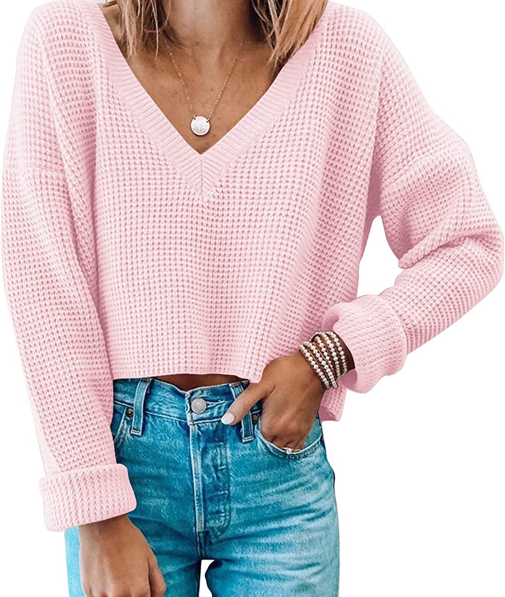 Jumppmile Womens V Neck Waffle Knit Cropped Top Long Sleeve