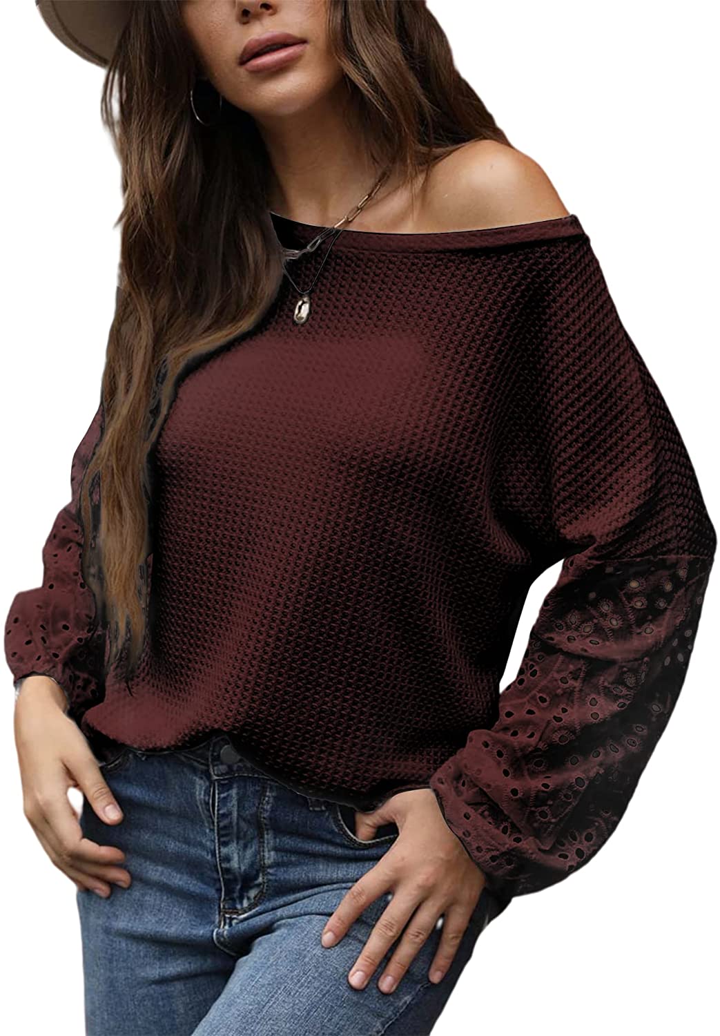 Misakia Womens Off Shoulder Sweater Waffle Knit Batwing Long Sleeve Loose Pullover Tops 