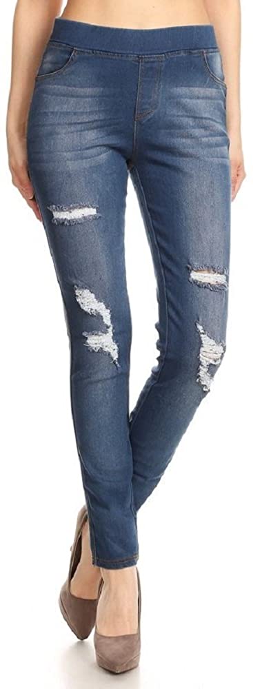 Women's Stretch Pull-On Skinny Ripped Distressed Denim Jeggings W/Pockets  Blue S at  Women's Jeans store