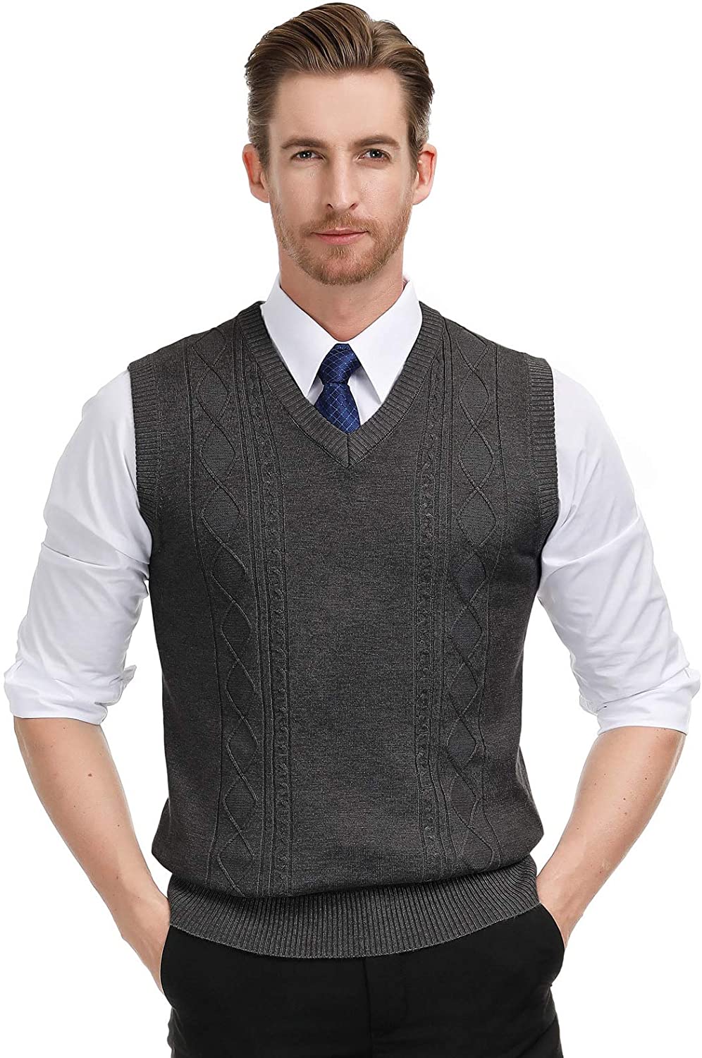 PAUL JONES Mens V Neck Sweater Vest Cable Knitted Pullover Sweaters Vest 