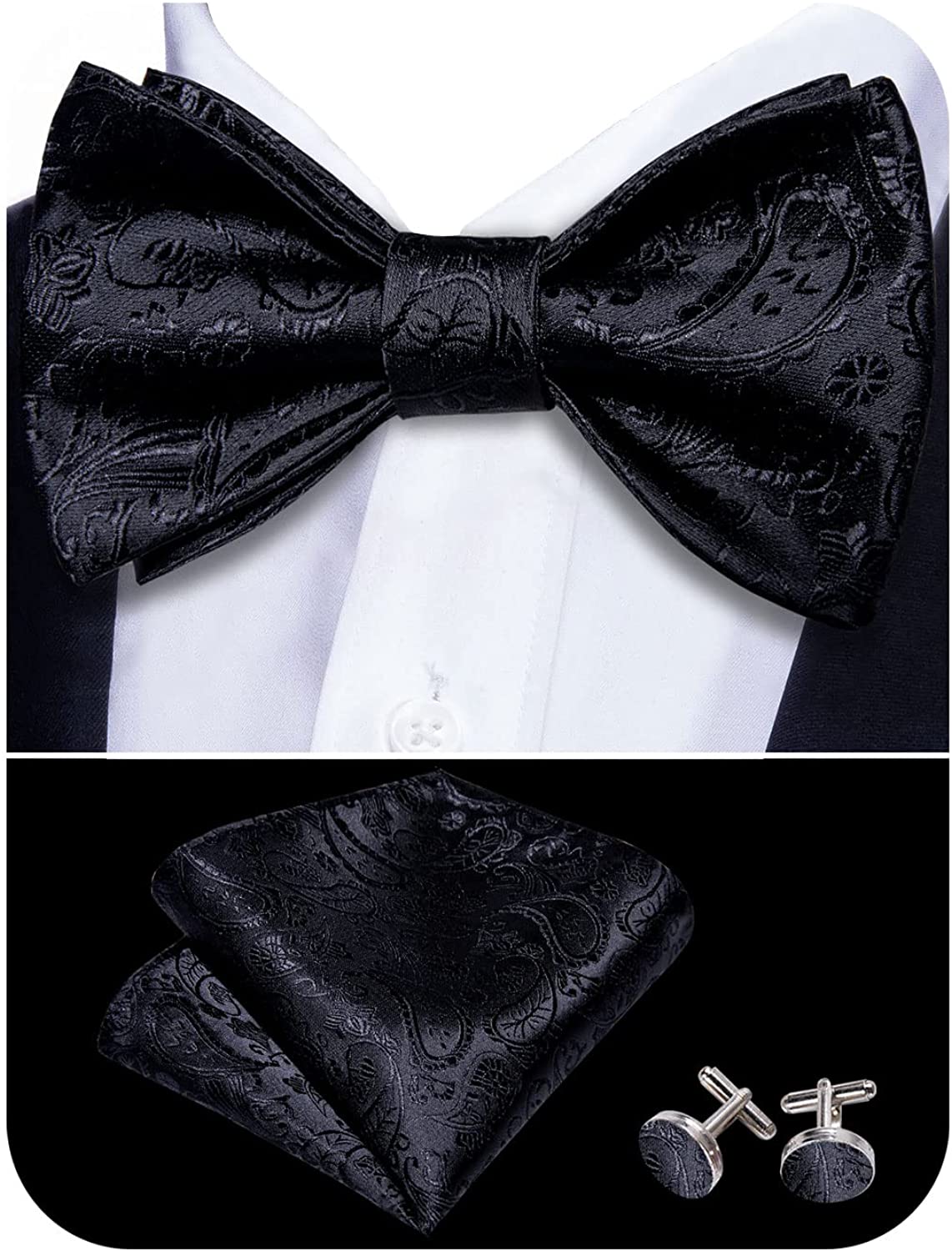 YOHOWA Silk Paisley Plaid Self Tie Bow Tie Pocket Square Cufflinks Classic Woven Set for Wedding Tuxedo Party Men/Boys 