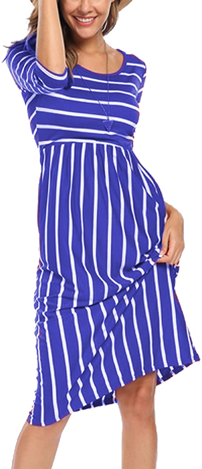 Halife Womens 3 4 Sleeve Stripe Elastic Waist Casual Dress with Pocket 