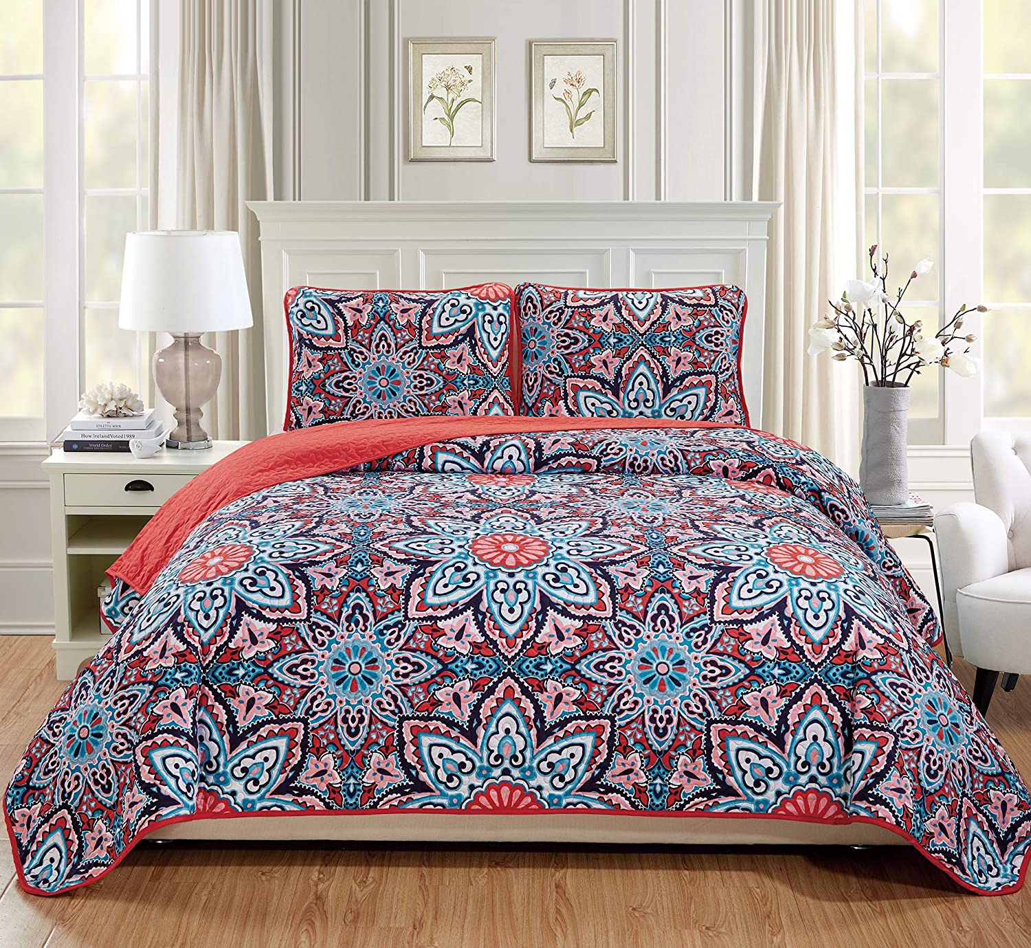 MK Home 3pc King\/California King Oversized Quilted Bedspread Coverlet Set Floral  eBay