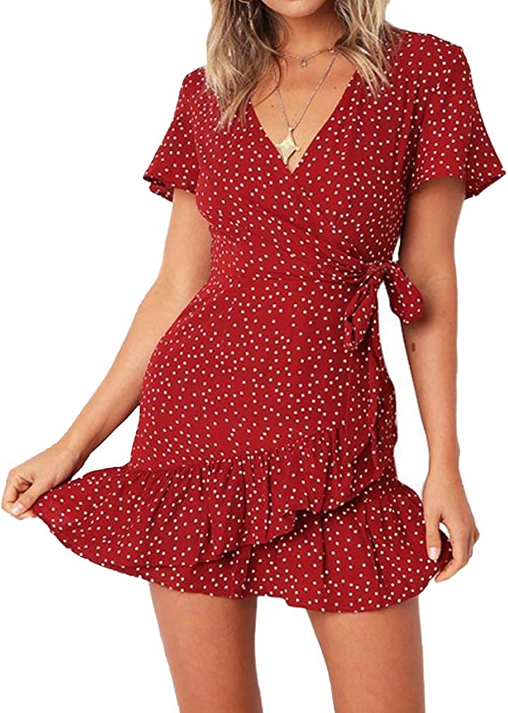 Naggoo Women's Summer Wrap V Neck Polka Dot Print Ruffle Short Sleeve Mini  Flora | eBay
