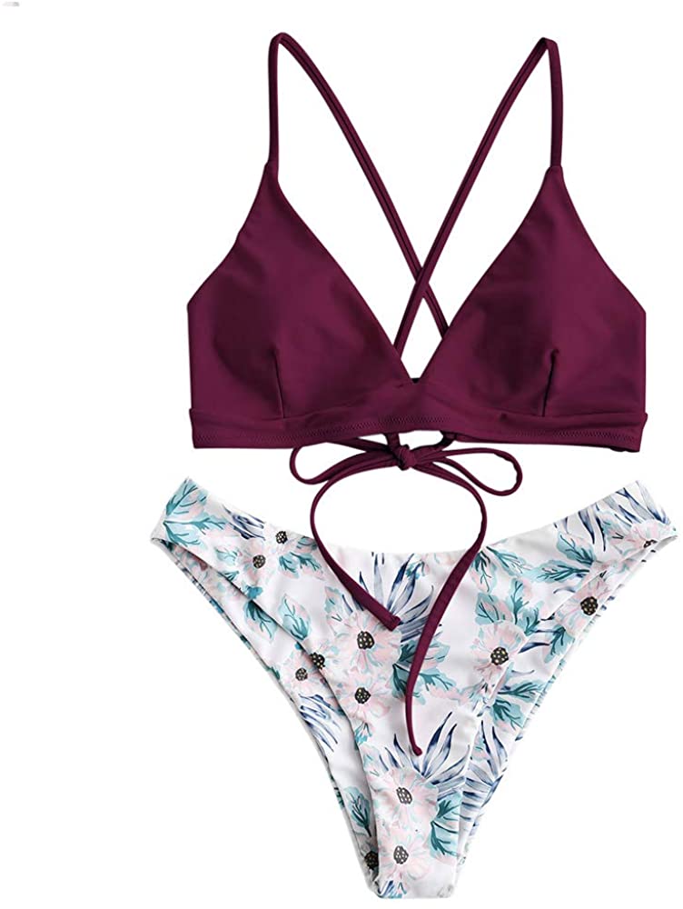 ZAFUL Women's Scale Print Lace-up Crisscross Bralette Bikini Set Swimsuit