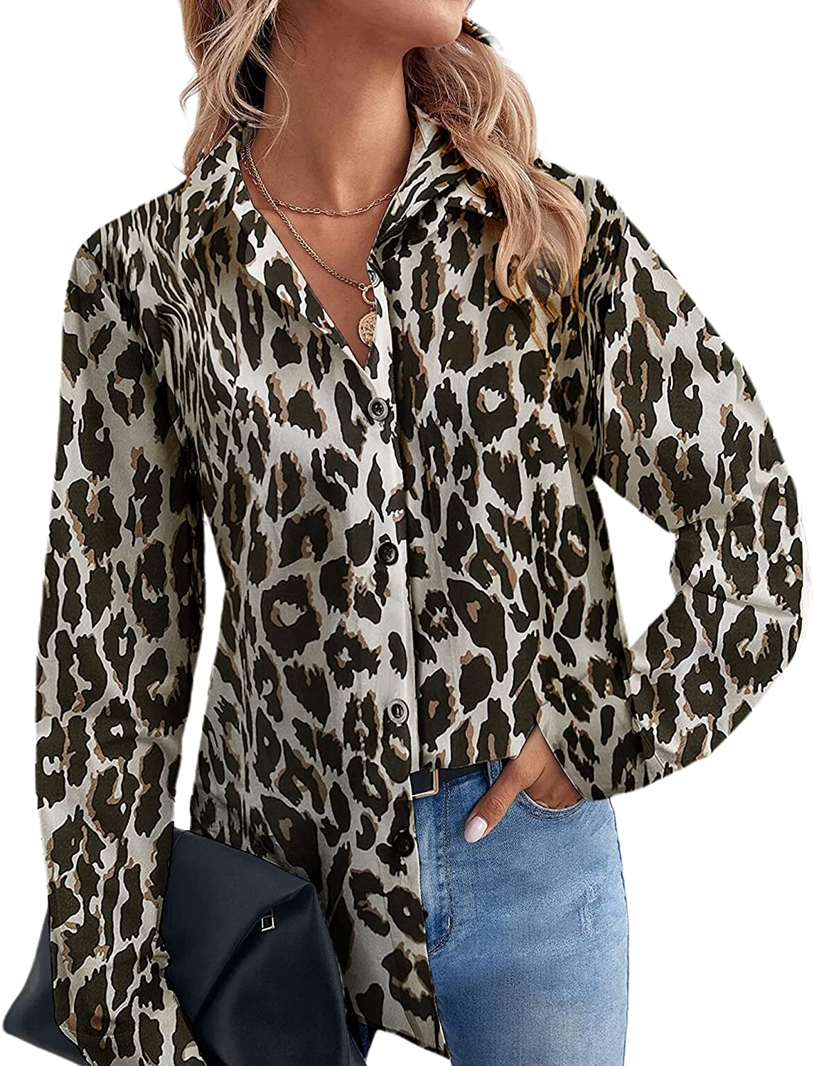 Avanova Womens Casual Leopard Print Tops Blouse V Neck Long Sleeve Button Down Shirt