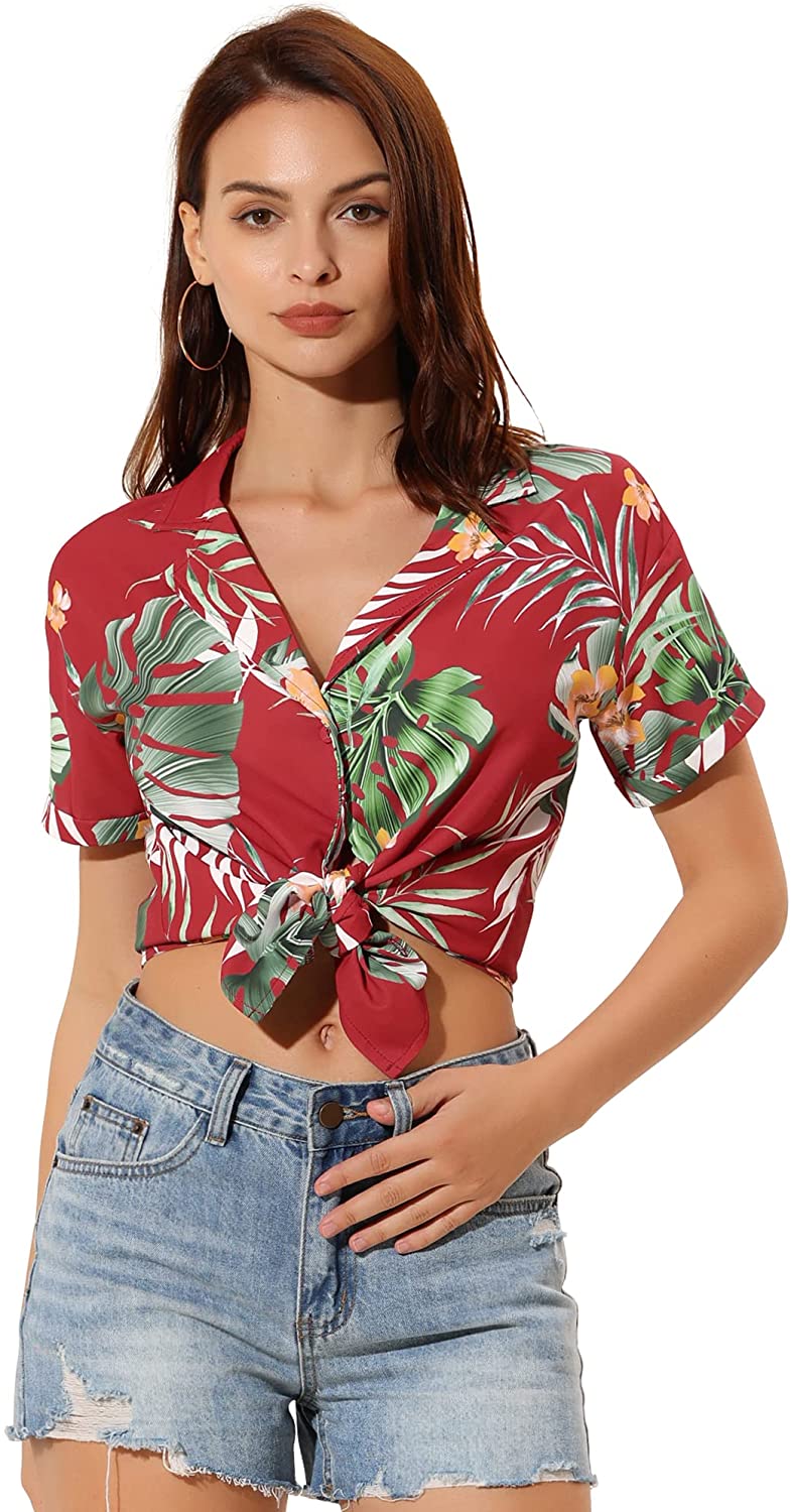Allegra K Women's Hawaiian Floral Leaves Printed Short Sleeve Button Down  Vintage Beach Shirt Orange X-Small