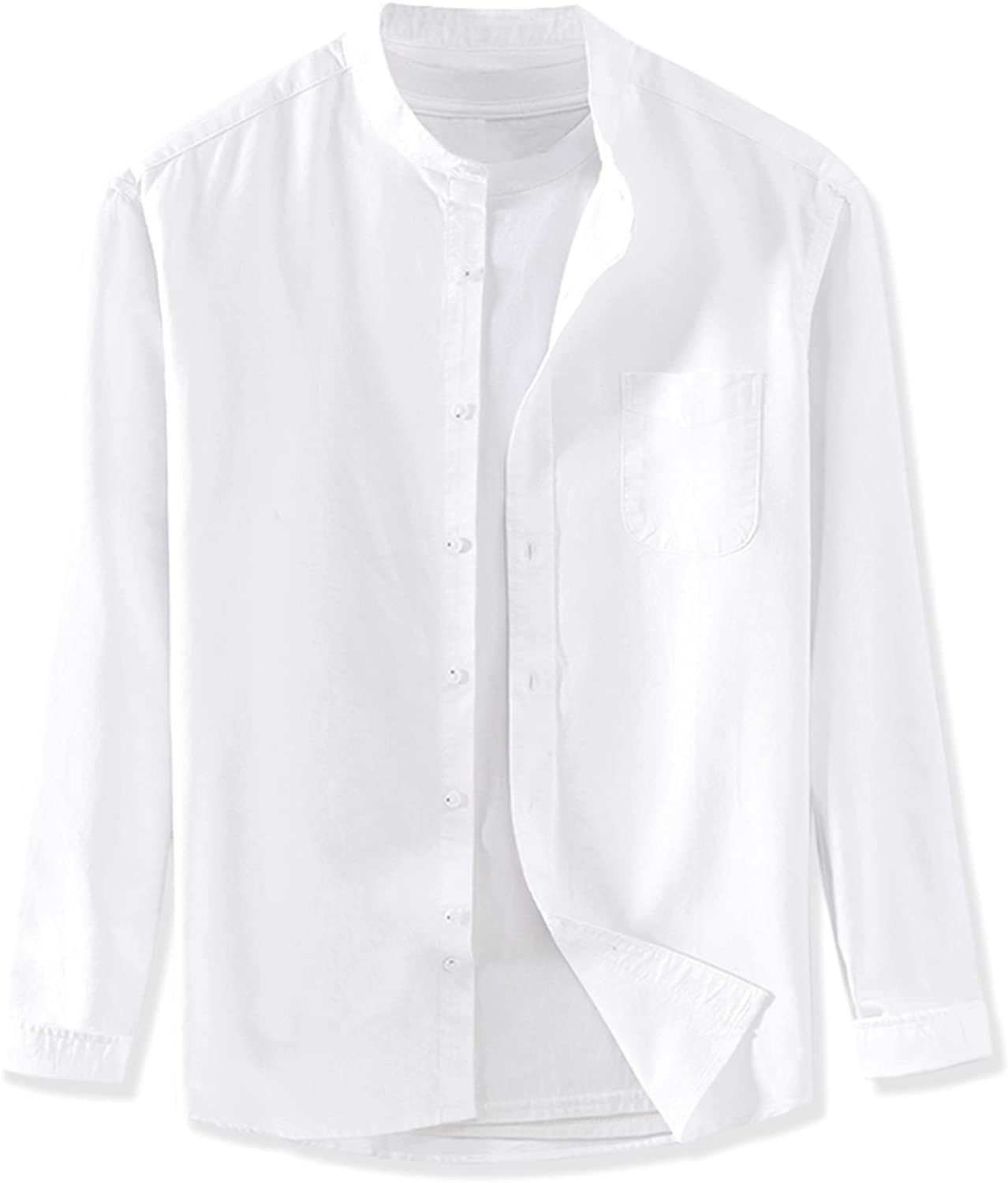 TATT 21 Men Banded Collar Shirt Washed Cotton Long Sleeve Casual Button Down Shirts