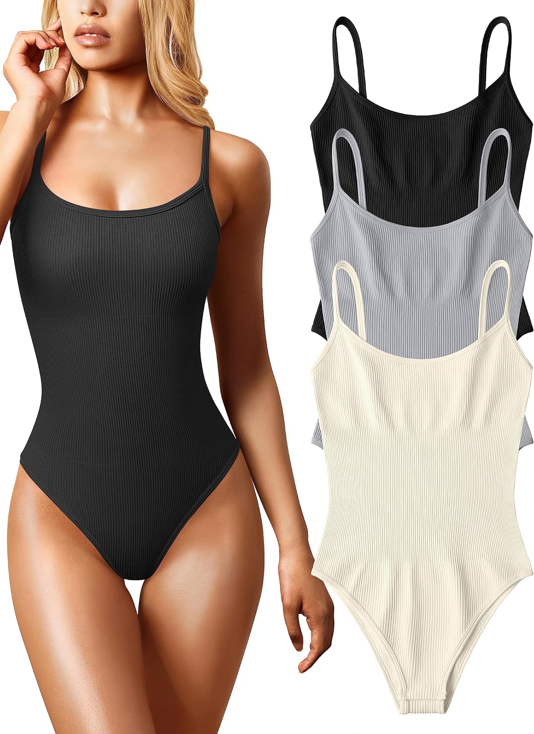 OQQ Women's 3 Piece Bodysuits Sexy Ribbed Sleeveless Adjustable