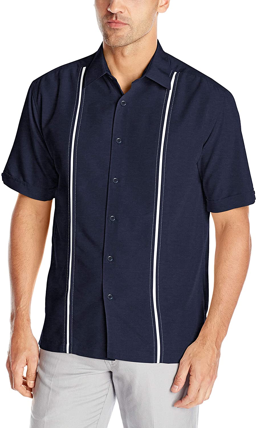 Cubavera Mens Short Sleeve Houndstooth-Print Shirt with Insert Panels
