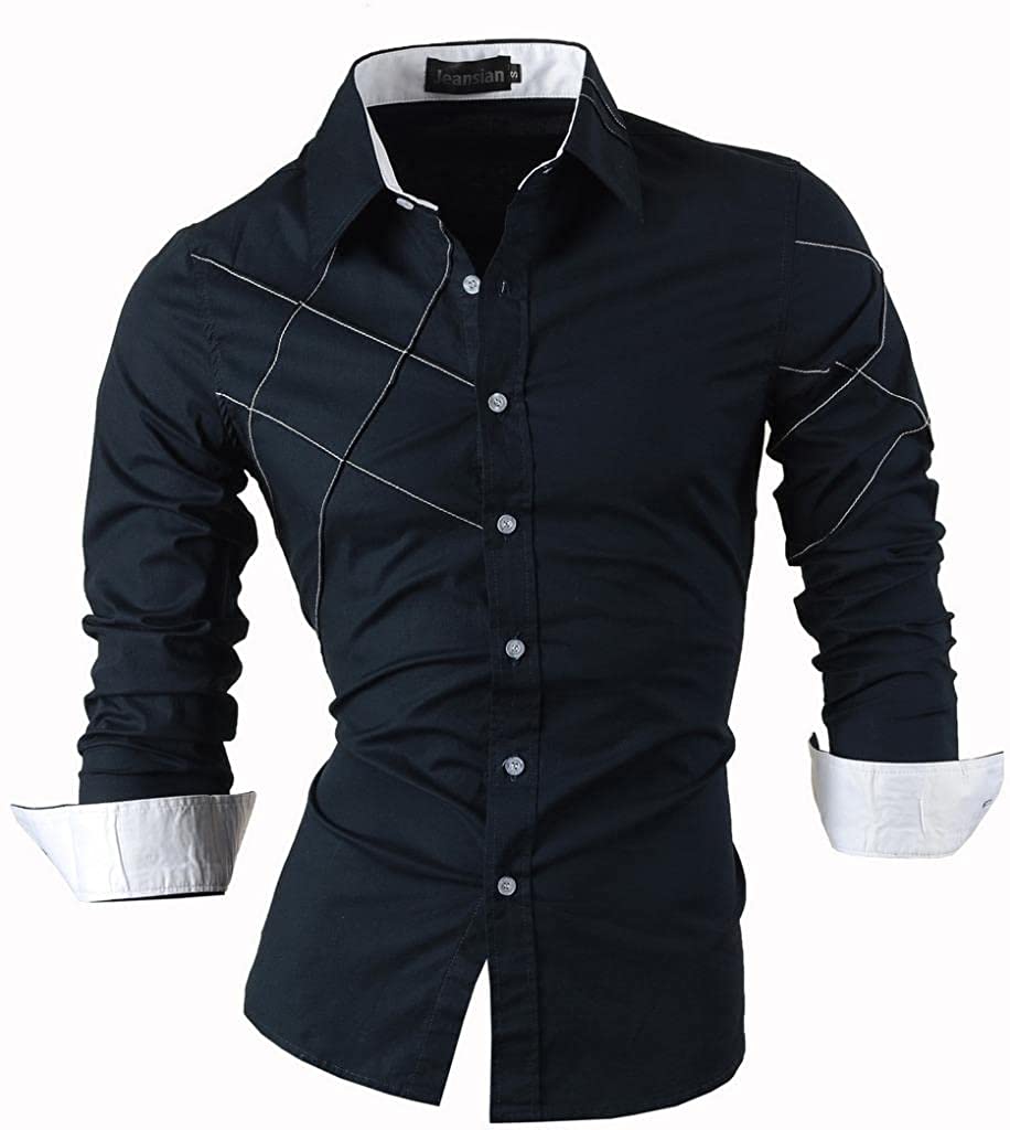 jeansian Men's Slim Fit Long Sleeves Casual Button Down Dress