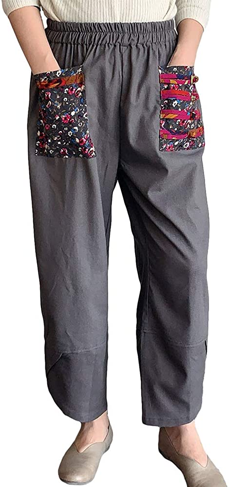 Minibee Women's Baggy Linen Wide Leg Trousers Casual Patchwark Elastic Waist Harem Pants 