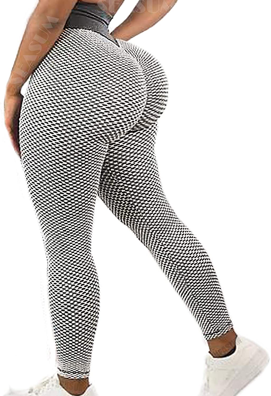 SEASUM Women's High Waist Yoga Pants Ruched Butt Lifting Tummy Control  Workout L