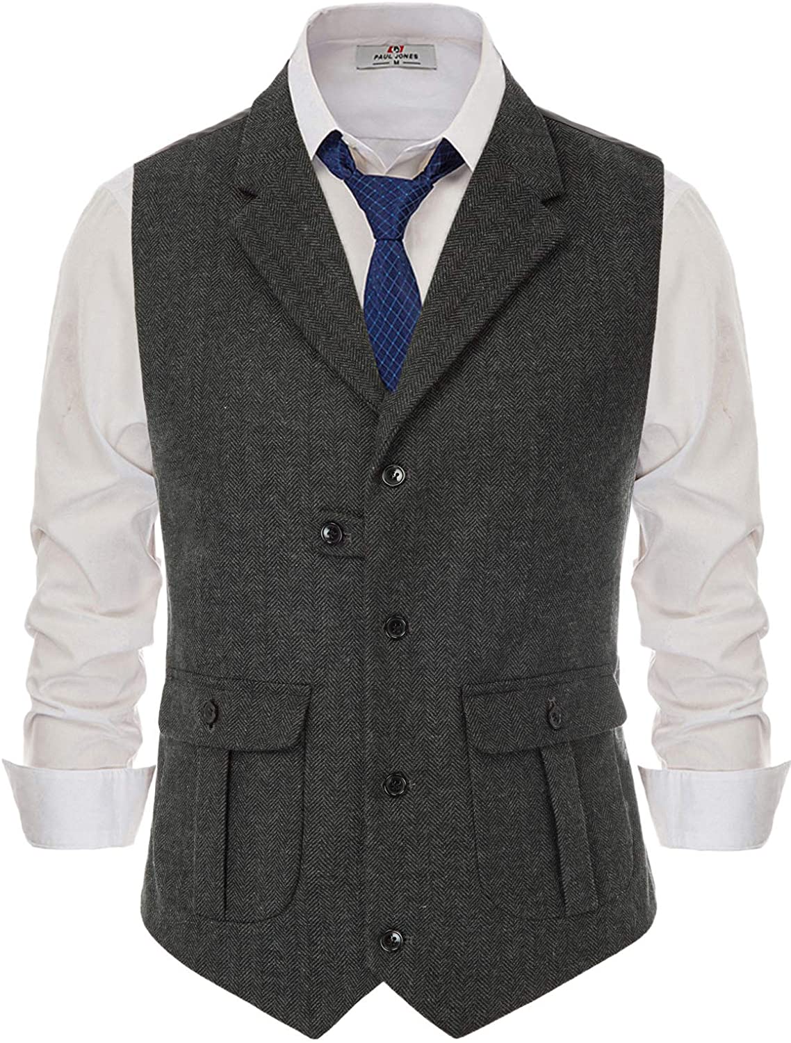 PJ PAUL JONES Men's Herringbone Tailored Collar Waistcoat Wool Tweed ...