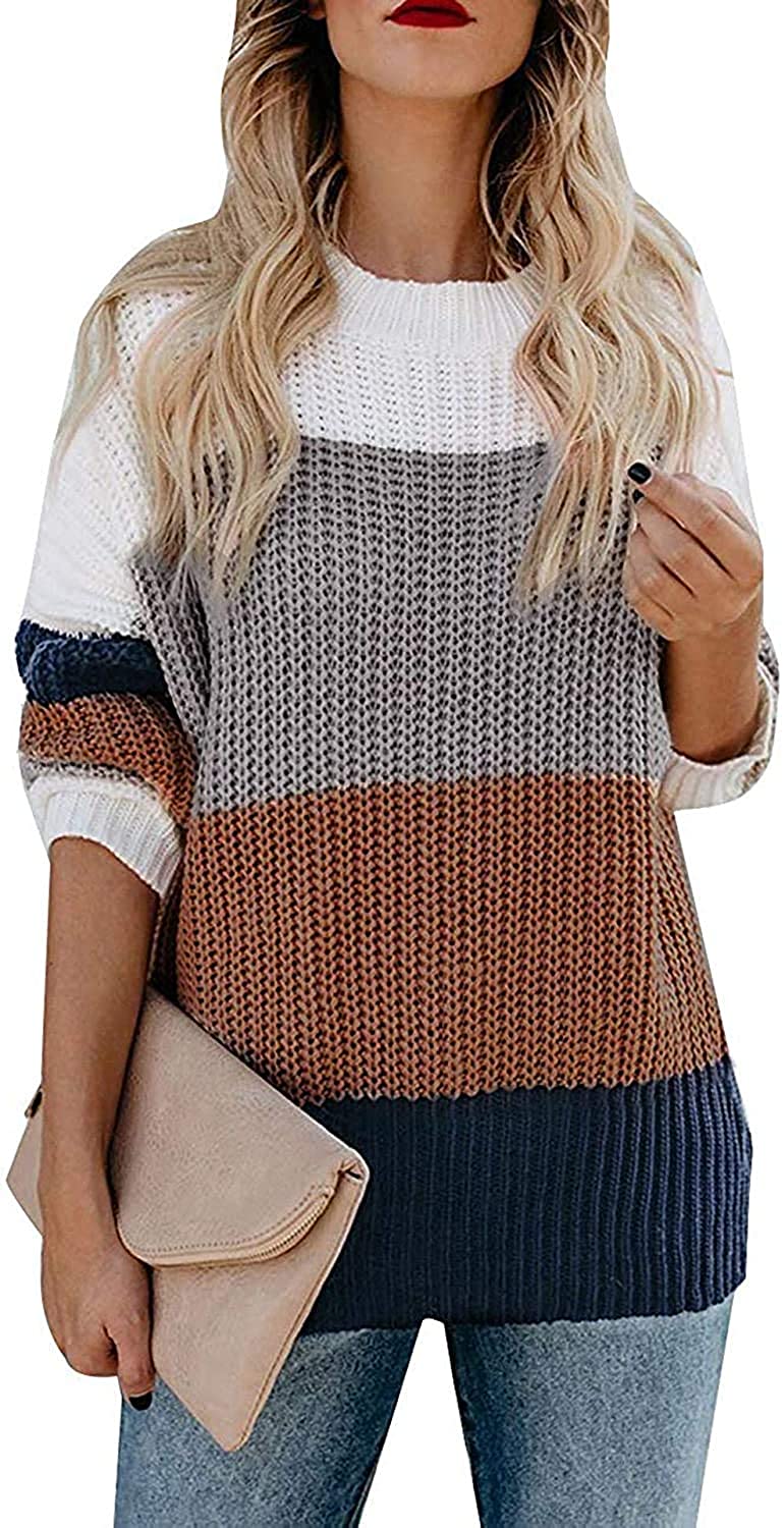 thumbnail 11  - ZESICA Women&#039;s Long Sleeve Crew Neck Striped Color Block Casual Loose Knitted Pu