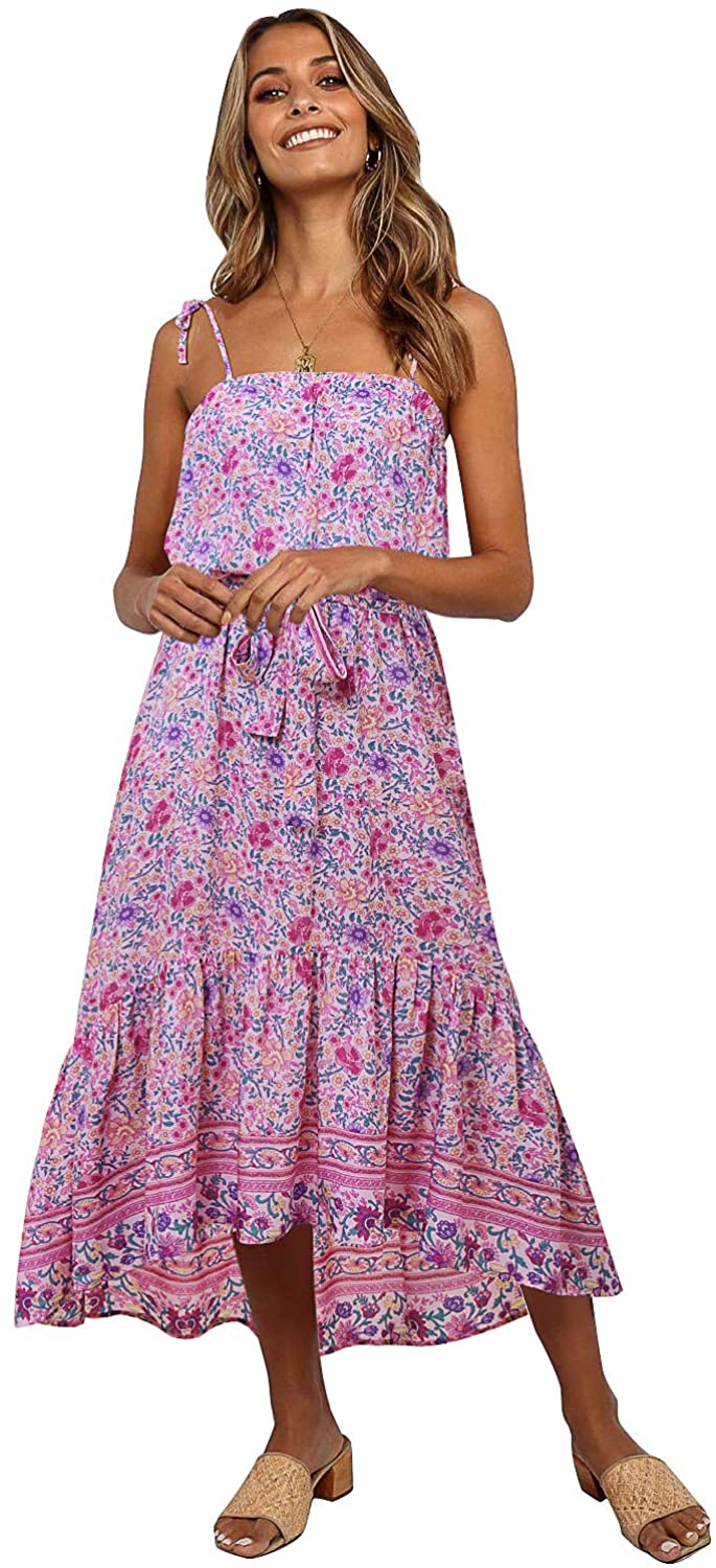SOLERSUN Womens Sleeveless Summer Dress Floral Printed Adjustable Spaghetti Strap Dresses