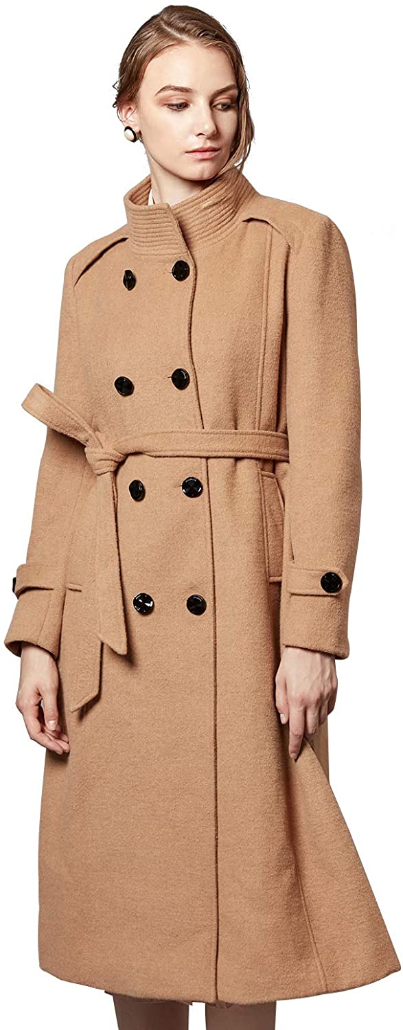 Escalier Women's Wool Trench Coat Winter Double-Breasted Jacket with Belts