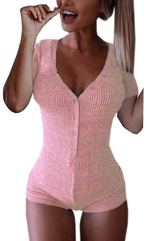 Roselux Women's Sexy Deep V Neck Shorts Long Sleeve Knitted One Piece  Bodysuit S