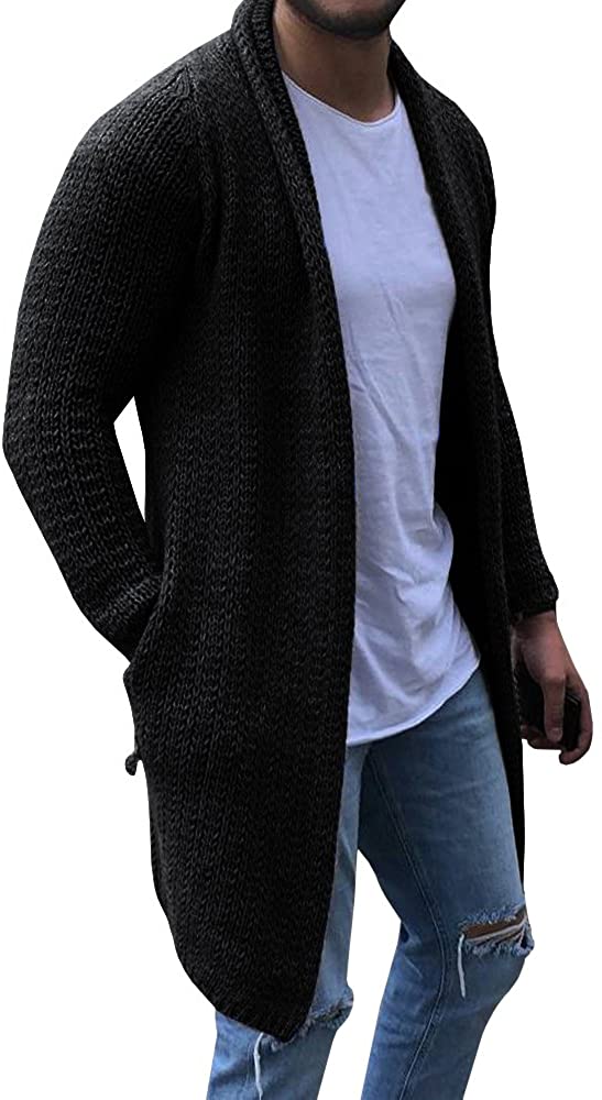 Mfasica Mens Open Front Knit Pockets Mid-Long Thickened Elegant Cardigan