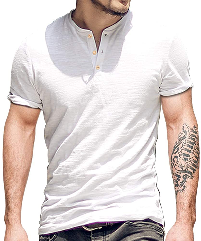 palglg Mens Cotton Muscle Slim Fitted Sport Henley T-Shirt with Button