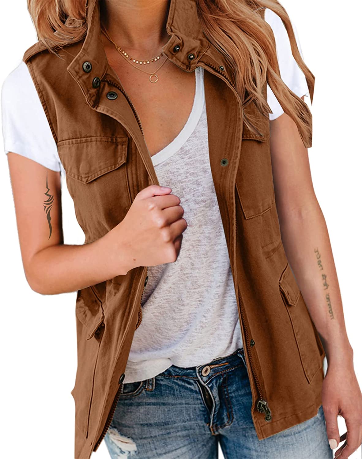 Womens Military Jacket Zip Up Snap Buttons Lightweight Utility Anorak Field  Safa