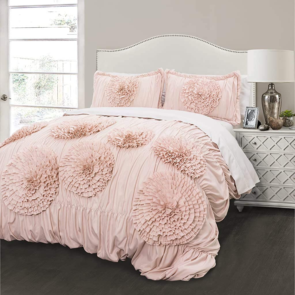 LUSH DECOR SERENA Comforter Pink Blush Ruched Flower 2 Piece Set, Twin