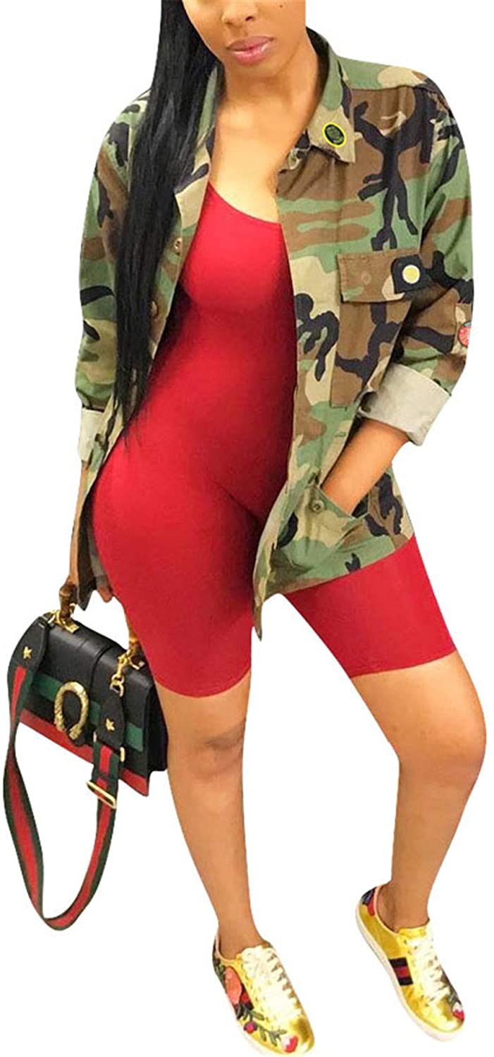 Womens Fashion Plus Size Military Safari Jackets Camo Printed BF Coat Overcoats with Belt 