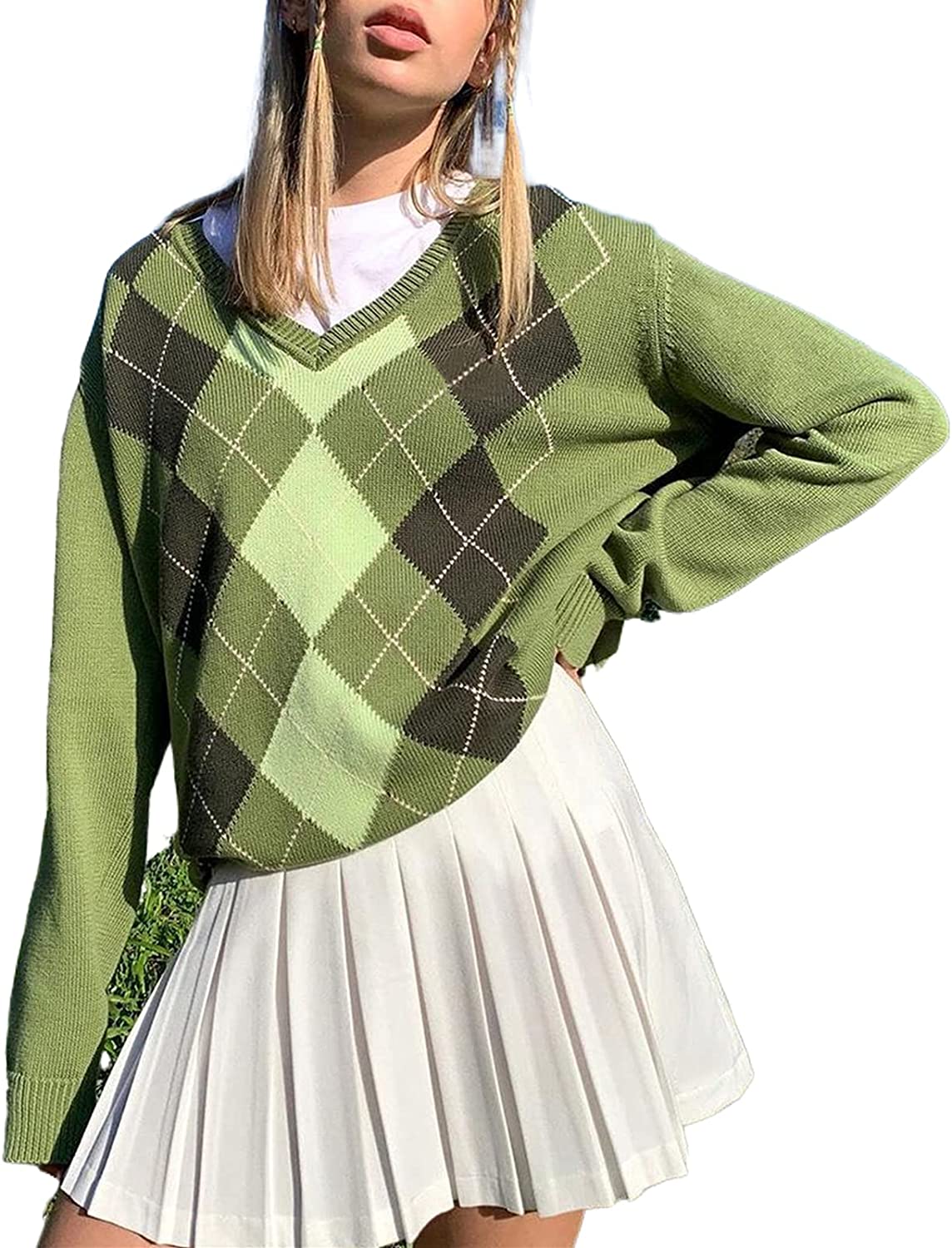 Women Argyle Plaid Knit Sweater Preppy Long Sleeve Pullover Tops Teen Girls  Retr