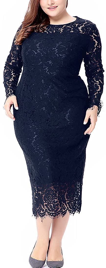 Eternatastic Women's Floral Lace Long Sleeve Plus Size Lace Dress Black