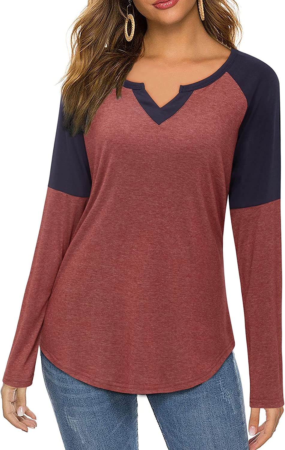LAISHEN Women's Raglan Long Sleeve T-Shirt Color Block Henley V
