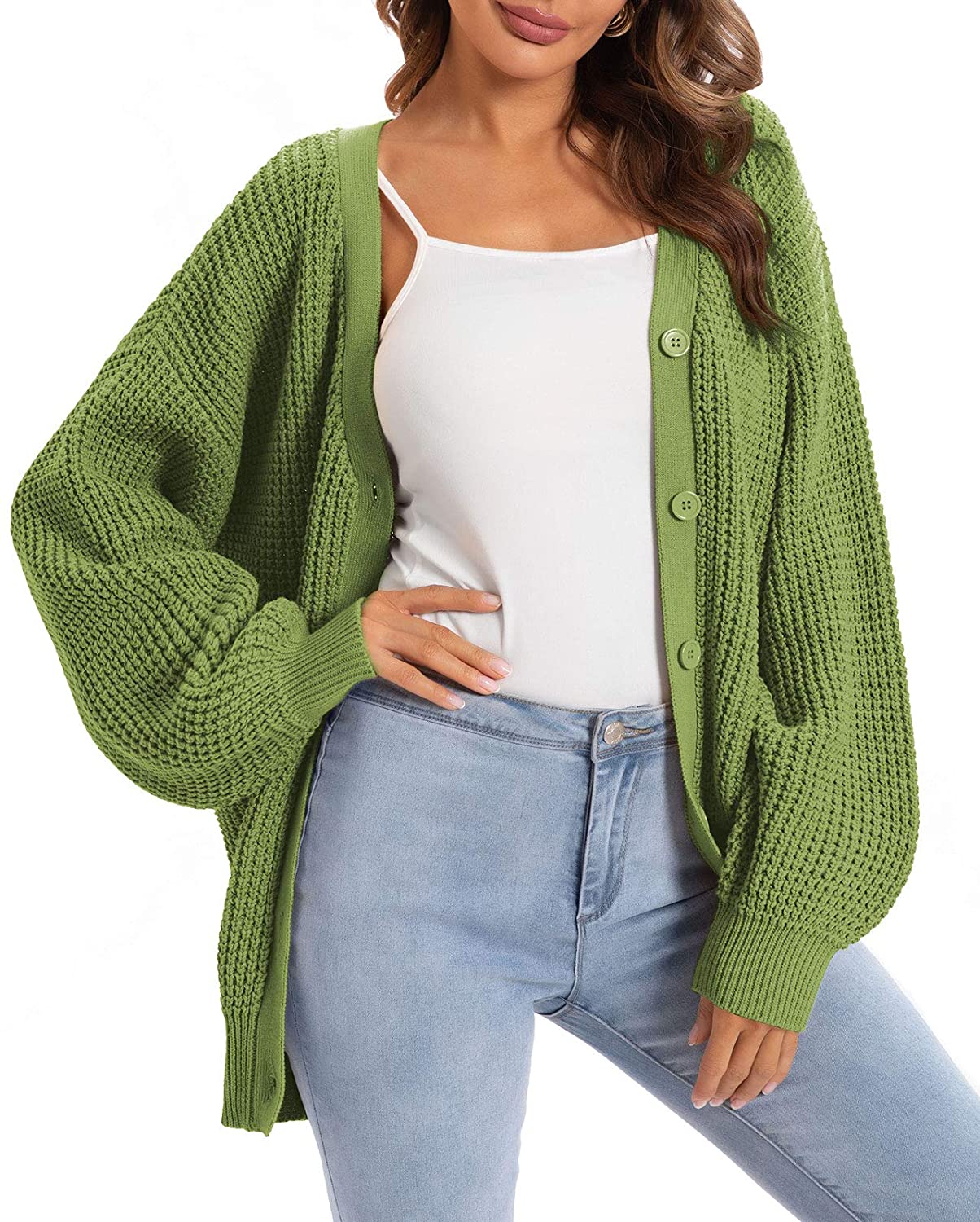 QUALFORT Women's Cardigan Sweater 100% Cotton Button-Down Long Sleeve  Oversized