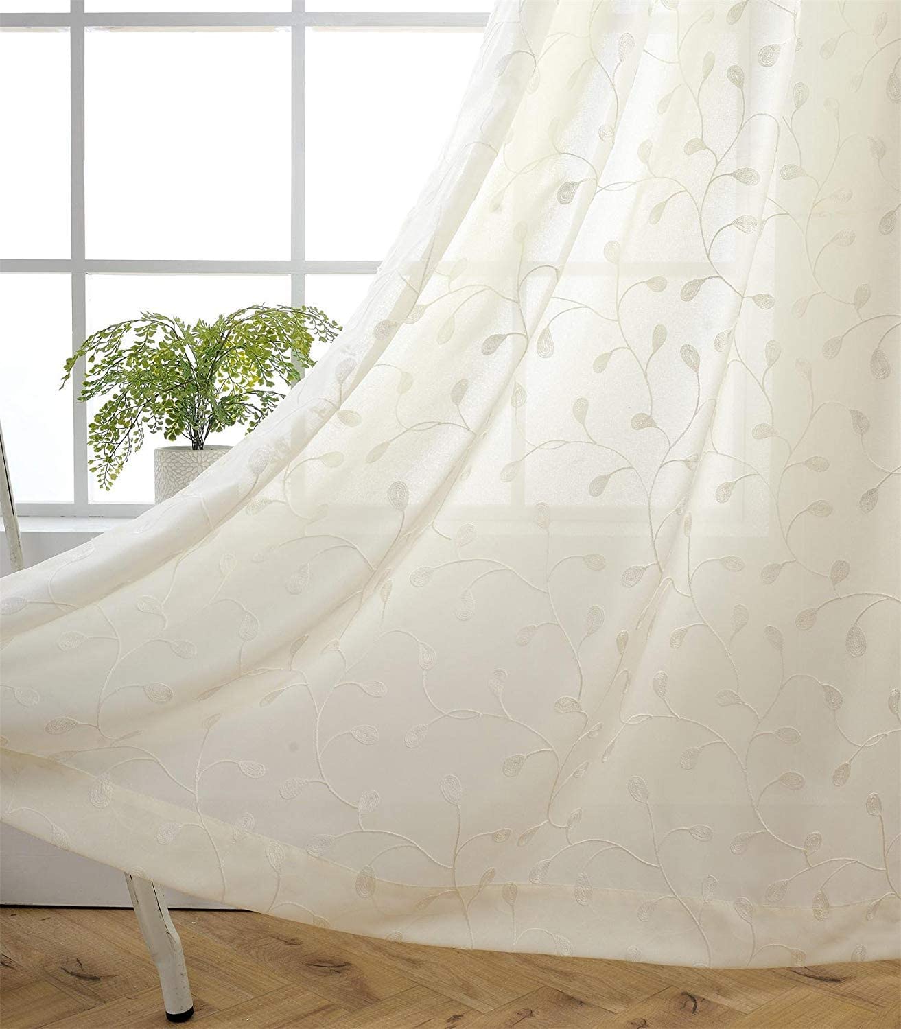 Modern White Grommet Faux Linen Embroidered Bedroom Window Sheer Curtain Drape 