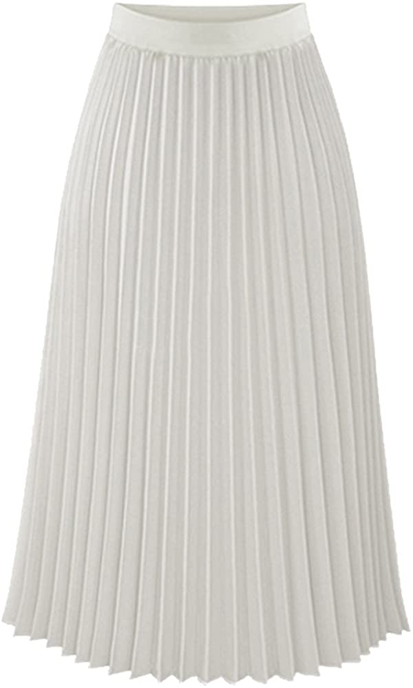 TEERFU Womens Skirt Knee Length Pleated A-line Midi Skirts Elasic Waist Skater Falred Solid Dress