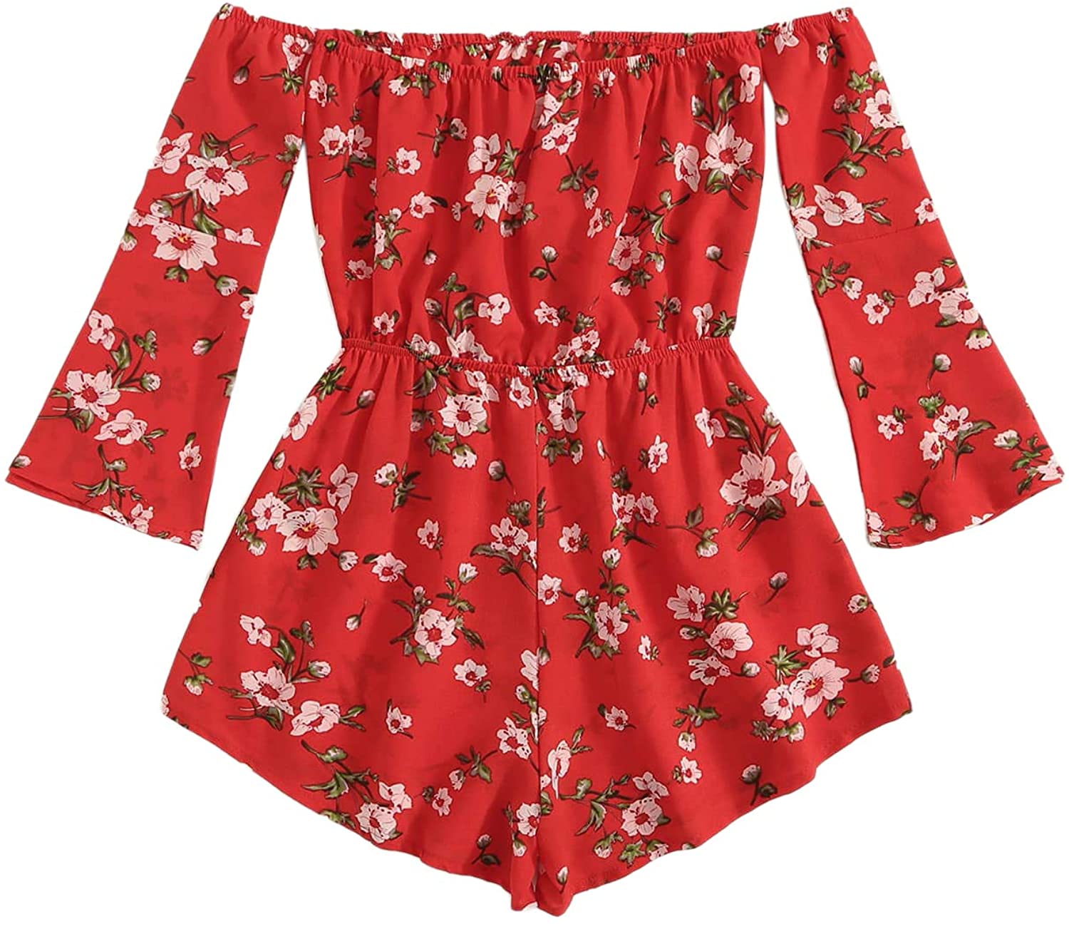 MAKEMECHIC Womens Casual Floral Print One Piece Knot Front Off Shoulder Romper Playsuit