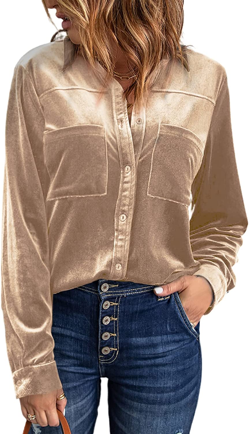 Sidefeel Women Retro Velvet Long Sleeve Button Down Shirt Solid Color Blouse Tops 