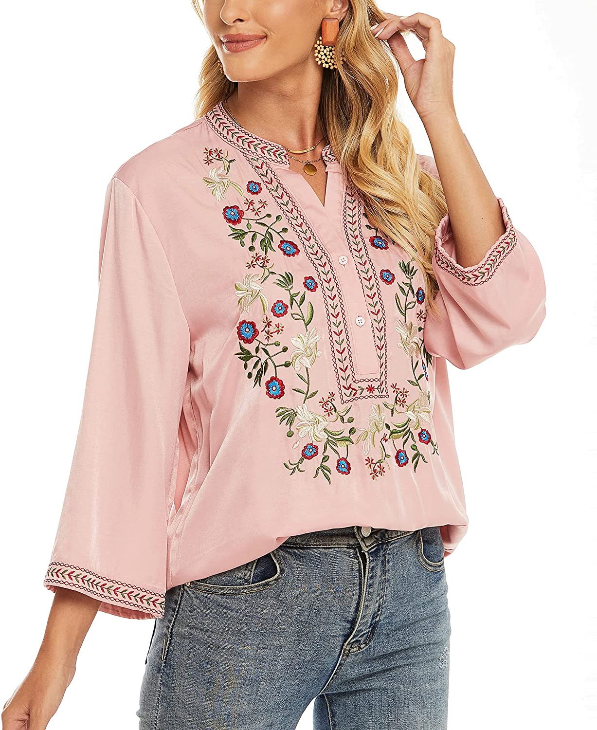 Grosy Womens Casual V Neck Shirt, Floral Embroidery Boho Tops