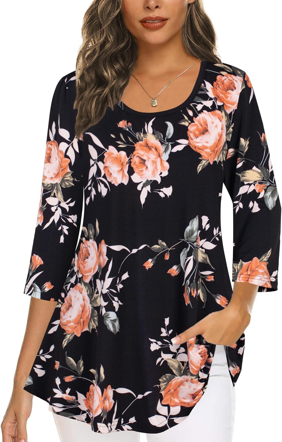 Tencole 3/4 Sleeve Shirts for Women Dressy Tunic Tops Casual Wear with  Floral