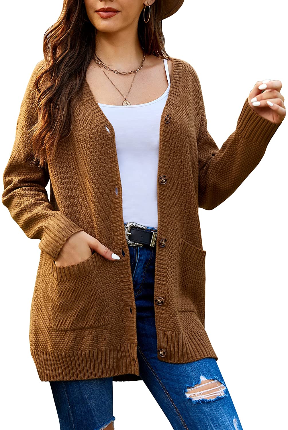 Hotouch Womens Chunky Cardigan Long Sleeves Button V Neck Pockets Cable Knit Casual Sweater