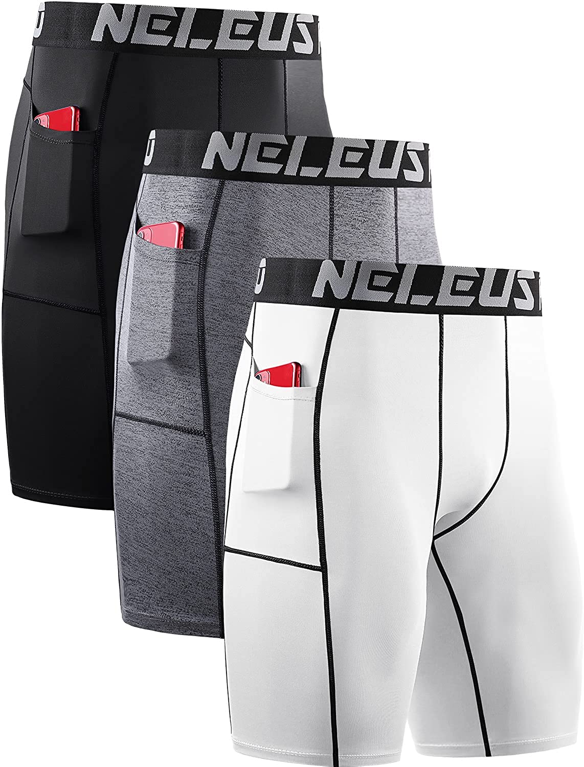 NELEUS Men's 3 Pack Running Compression Shorts with Pockets