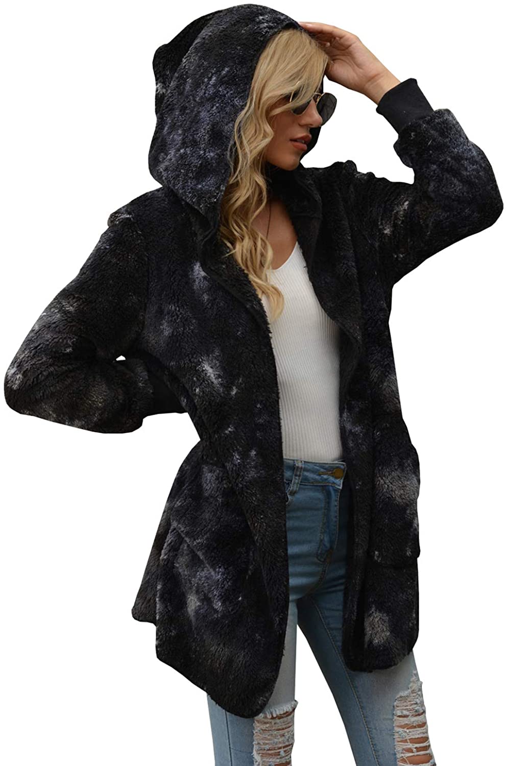 SENSERISE Womens Fuzzy Fleece Long Sleeve Open Front Hooded Jacket Cardigan Coat Oversized Winter Outwear with Pockets 