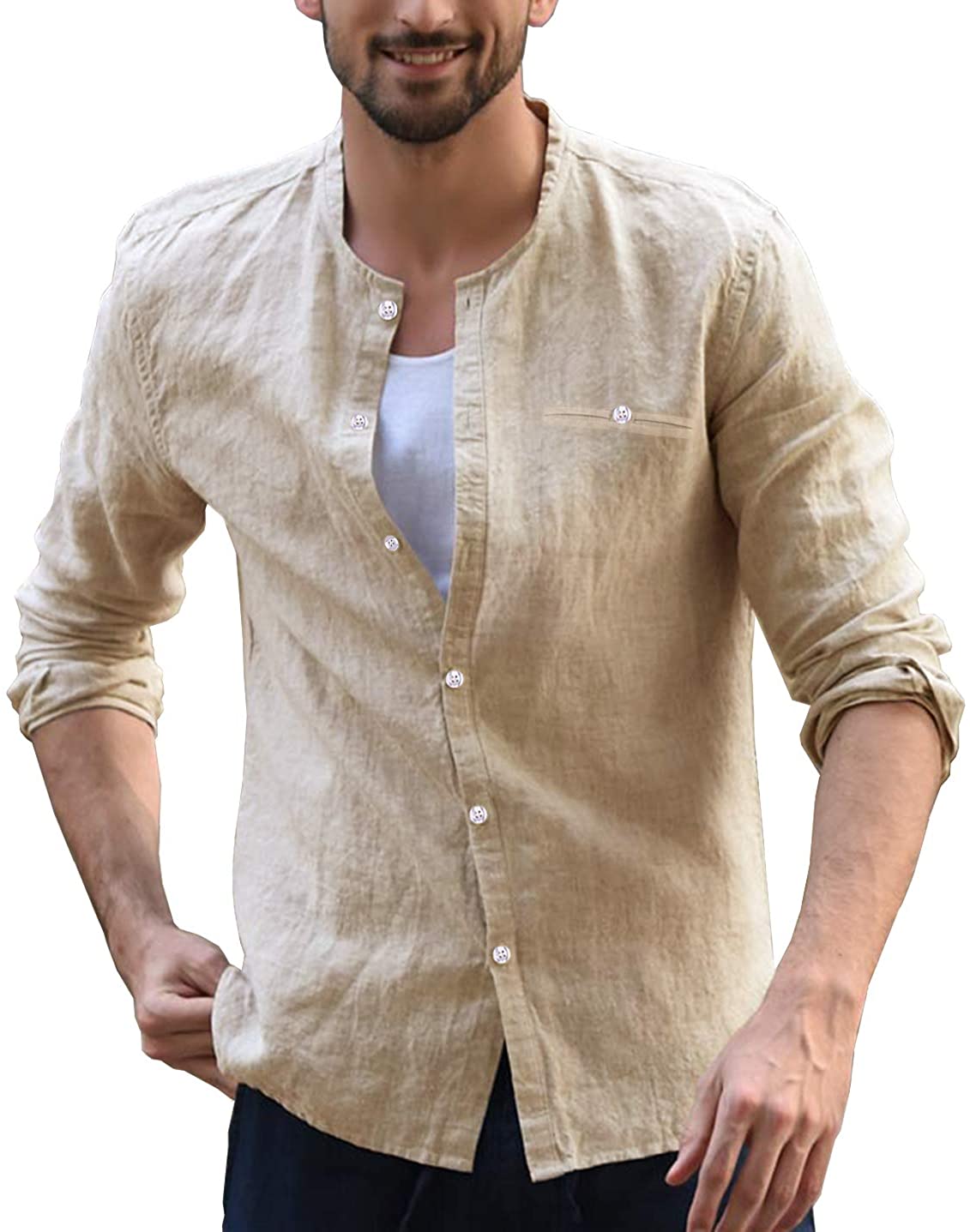 Mens Cotton Linen Casual Button Down Shirts Long Sleeve Loose Fit Summer Beach Yoga Tops