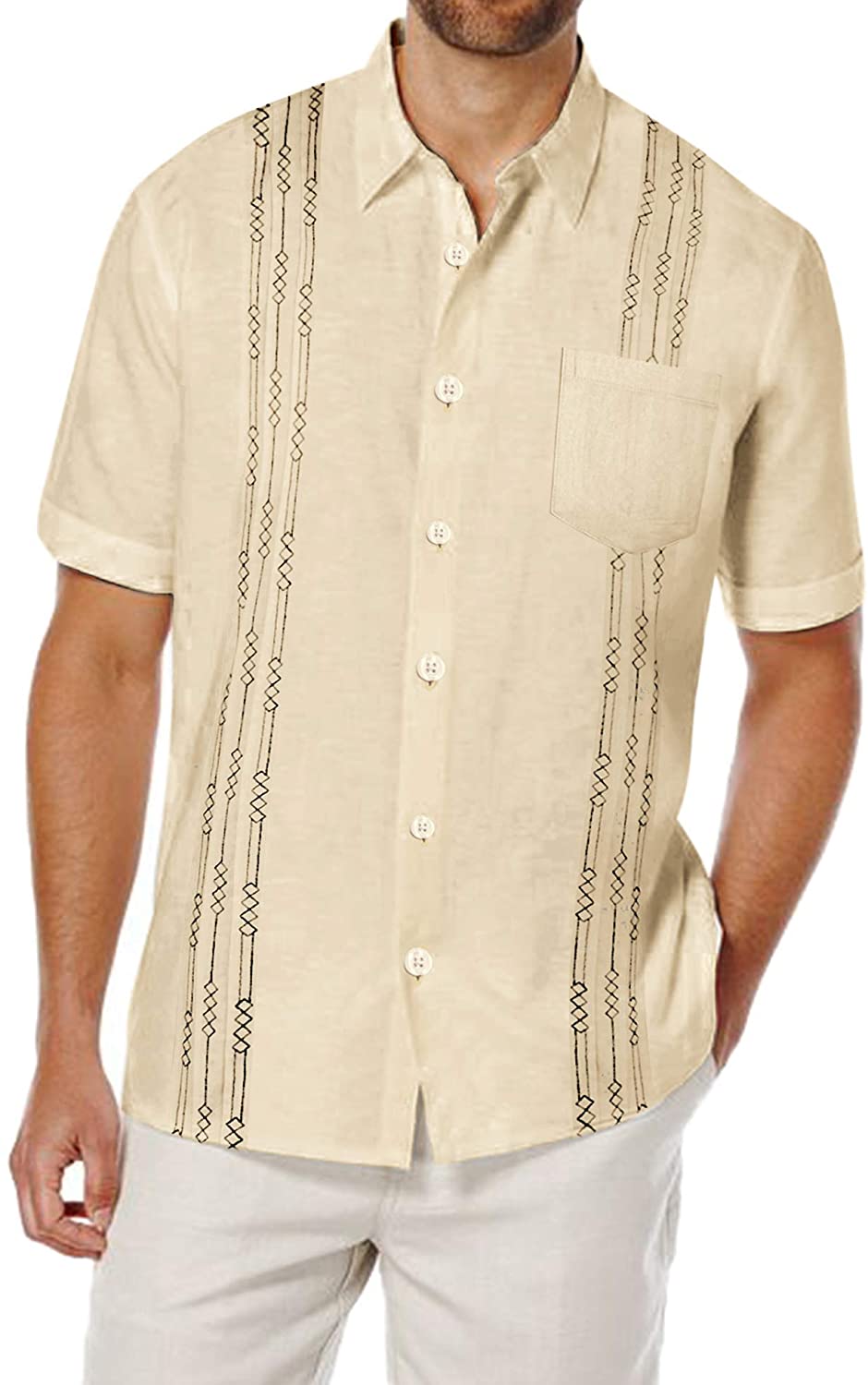 COOFANDY Men's Short Sleeve Linen Shirt Cuban Beach Tops Pocket ...