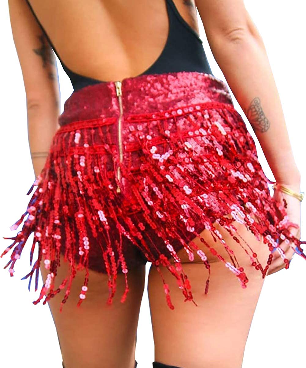Yollmart Womens Sequins Tassel Skirts Shorts Booty Dance Festival Bottoms 