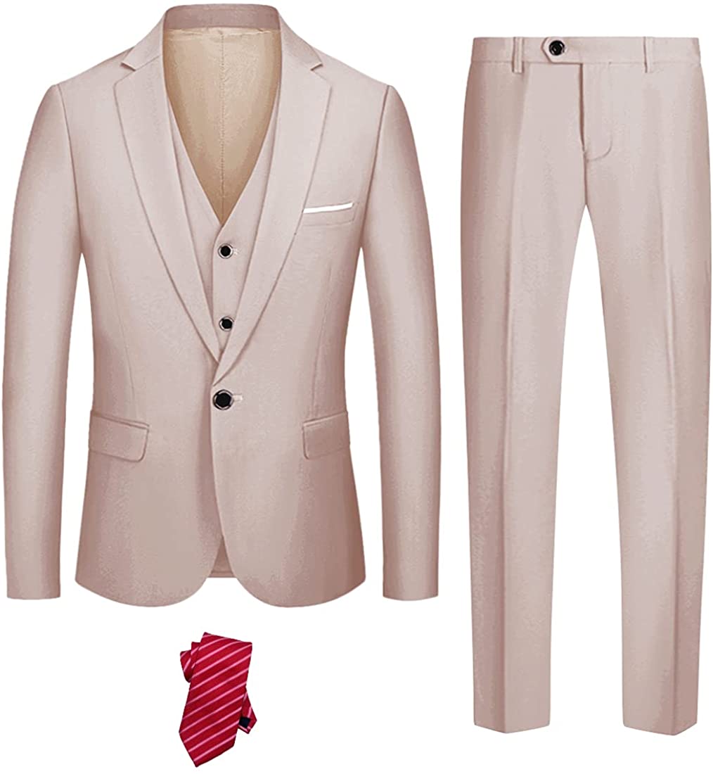 YND Men's Slim Fit 3 Piece Suit Set One Button Solid Blazer Vest Pants with Tie