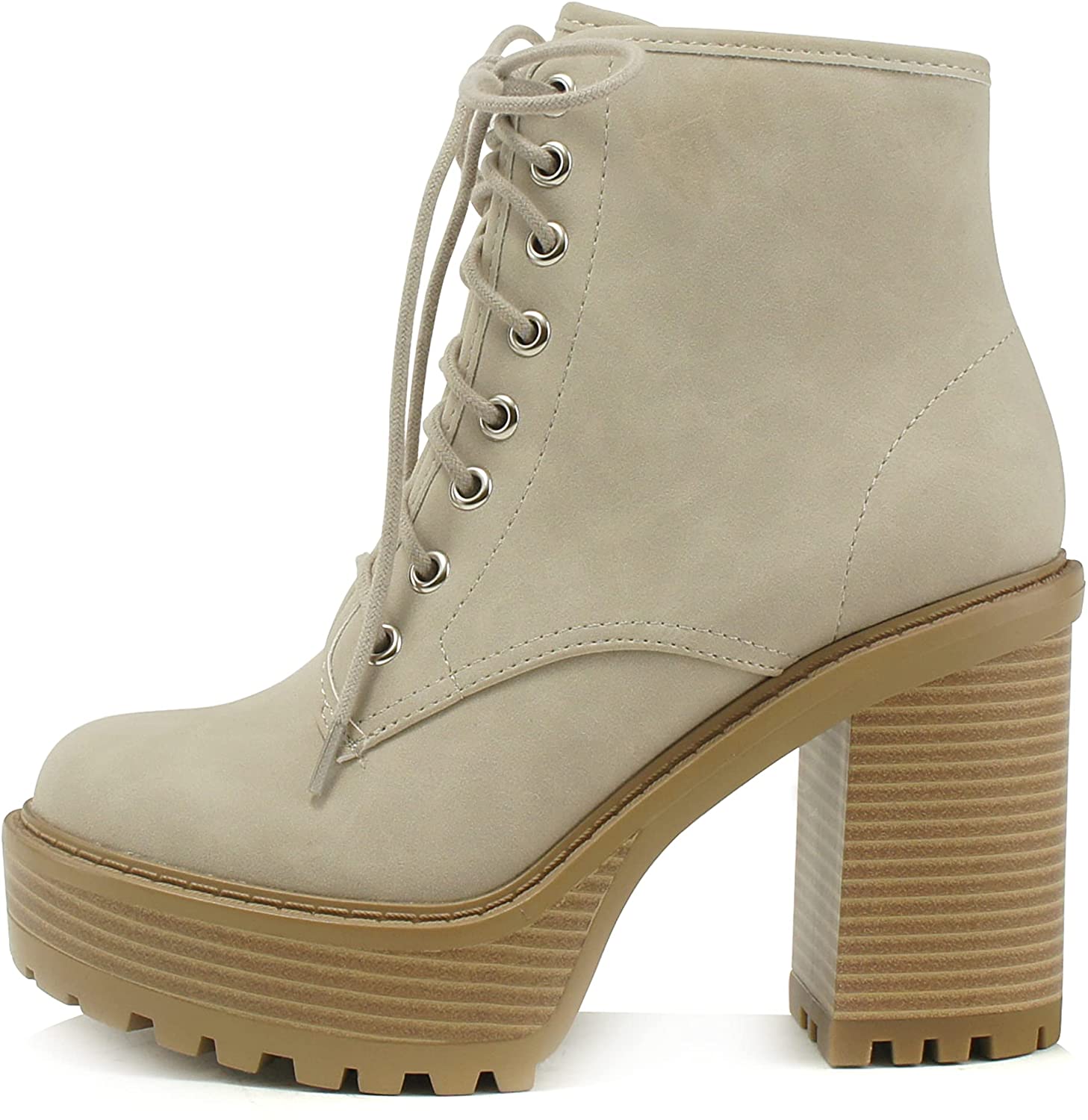 Soda Volume - Lug Sole Chunky High Heel Fashion Ankle Boot Lace up