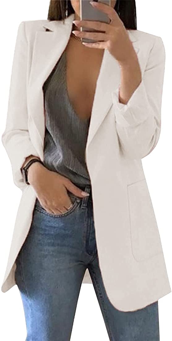 FLYCEHN Women Open Blazer Front Pocket Long Sleeve Work Office Cardigan Jacket