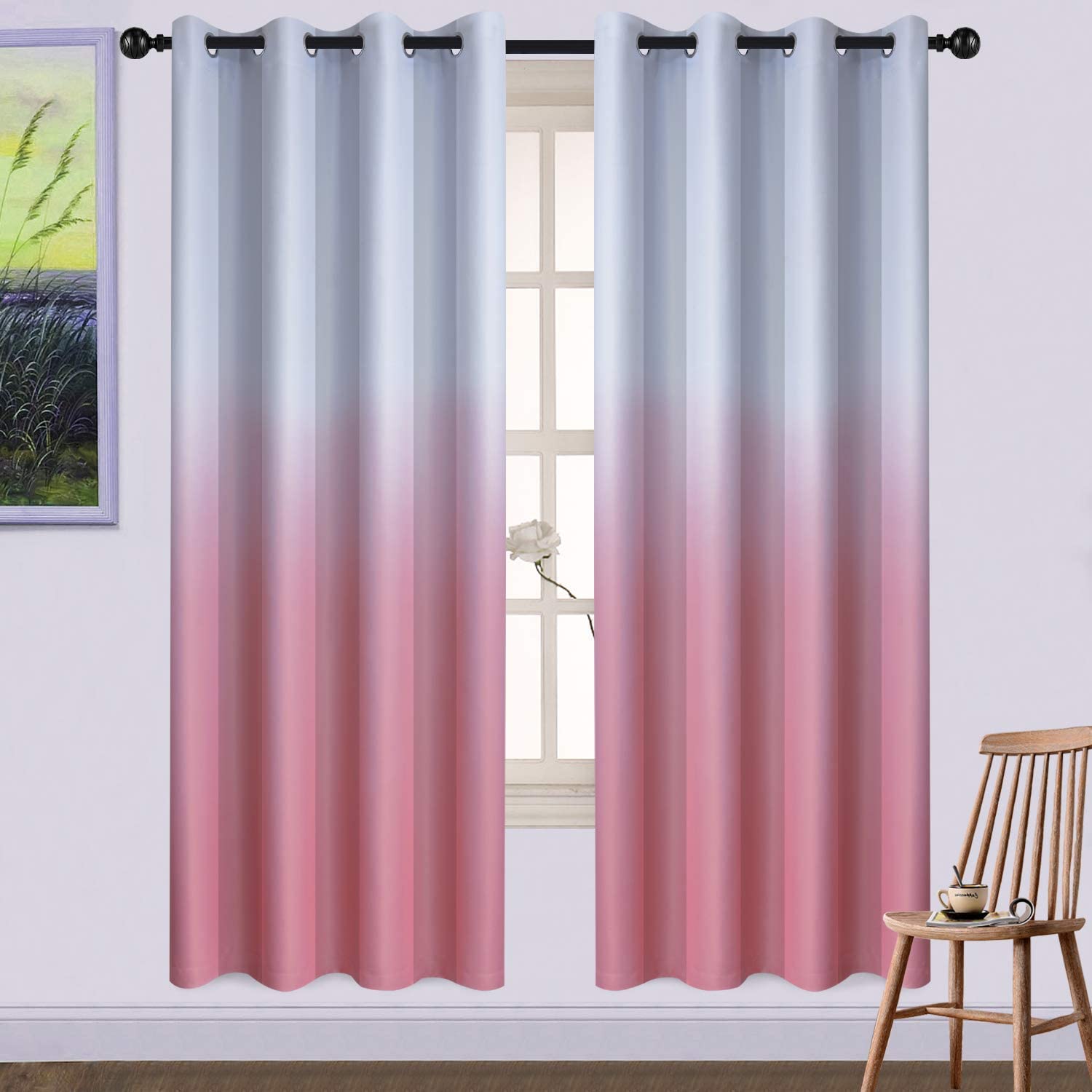 Yakamok Room Darkening White and Black Gradient Blackout Curtains