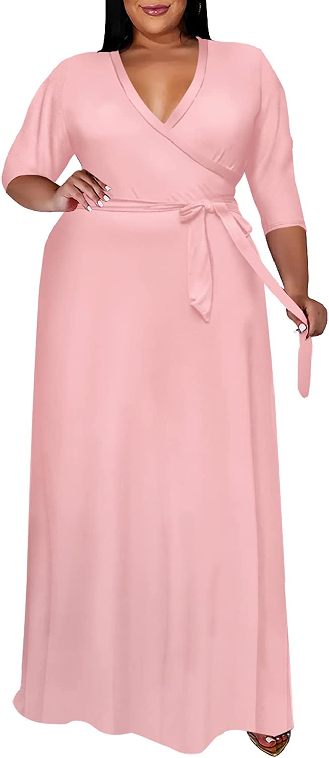 Runwind Plus Size Summer Dress - Wrap Maxi Dresses Solid Print 3/4
